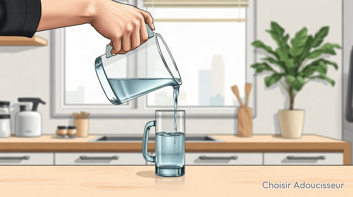 Une carafe filtrante versée dans un verre, sur un plan de travail