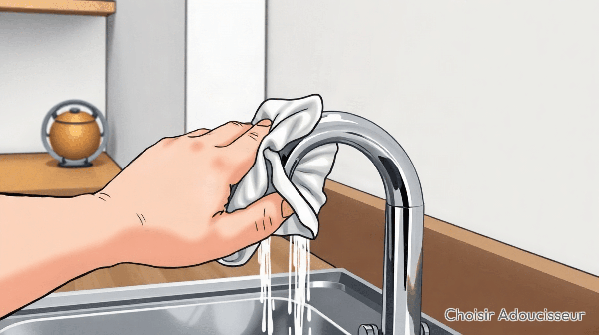 Le calcaire déposé sur un robinet, ce que mesure la dureté de l'eau
